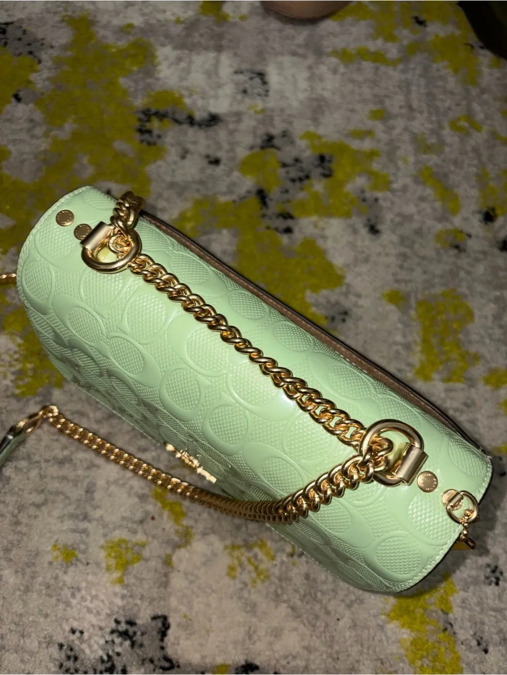 Coach Mint Green Embossed Leather Shoulder Bag with Gold Chain